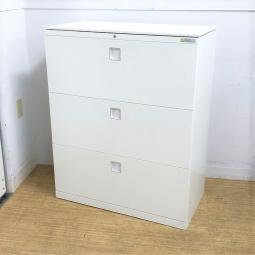 オカムラ　レクトライン　3段ラテラル書庫　ホワイト天板　シリンダー錠　鍵付き　※取っ手部分に若干日焼けあり