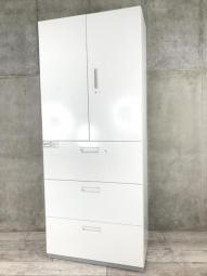 【大容量の上下書庫セット！オフィス書類を一気に整理！】■プラス(PLUS)製　L6シリーズ　両開き戸+３段ラテラル　書庫セット　H2150㎜　■ホワイト　■シリンダー錠