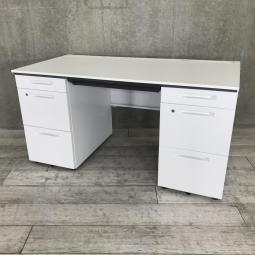 【D650のレアサイズ！】【収納スペース充実・机上をスッキリ整理！上長席にもオススメ！】■コクヨ（KOKUYO）製　アイエス（iS）シリーズ　両袖机　A4タイプ　W1400×D650㎜　■シリンダー錠　■ホワイト