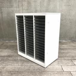 希少/書類整理/おすすめ オカムラ(okamura)製 レクトラインシリーズ クリスタルトレイ ローキャビネット W800×H920㎜ ■3列×浅型17段 ■天板・ベース付 ■ホワイト