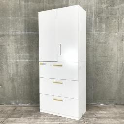 【これ1台で書類整理の問題が解決！上下で6段分の大容量収納！】■ウチダ(UCHIDA)製　ハイパーストレージ(HS)シリーズ　上下書庫セット　両開き+3段ラテラル　H2150㎜　■シリンダー錠　■ホワイト　※日焼け有　【搬入時は上下別の2個口での納品となるためエレベーター搬入も安心！】