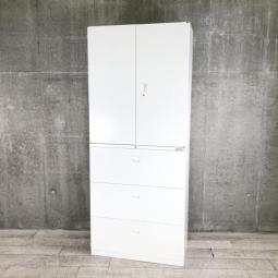 【人気の観音開き＋引き出し仕様！書類整理におすすめ！】■オカムラ（okamura）製　SAデュオラインシリーズ　書庫セット　両開き＋3段ラテラル　H2150㎜　■シリンダー錠　■ホワイト【弊社使用欄：A01049613/A01049611】