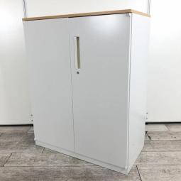 【オシャレなナチュラル天板付き！人気の観音開きタイプ・取っ手が大きく使い勝手のよい定番キャビネット！】■ウチダ(UCHIDA)製　ハイパーストレージ(HS)シリーズ　両開き書庫　ローキャビネット　■ホワイト　■木目調天板付　■シリンダー錠