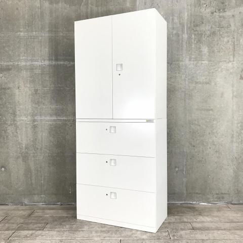 【オフィスの書類をまとめて整理！取っ手がどの方向からでも開くマルチハンドル！人気の書庫セット！】■オカムラ(okamura)製　レクトライン(Rectline)シリーズ　書庫セット(両開き＋3段ラテラル)　H2150㎜　■ホワイト　■シリンダー錠(ラテラルは各段錠タイプ)