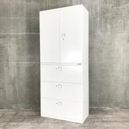 【オフィスの書類をまとめて整理！取っ手がどの方向からでも開くマルチハンドル！人気の書庫セット！】■オカムラ(okamura)製　レクトライン(Rectline)シリーズ　書庫セット(両開き＋3段ラテラル)　H2150㎜　■ホワイト　■シリンダー錠(ラテラルは各段錠タイプ)