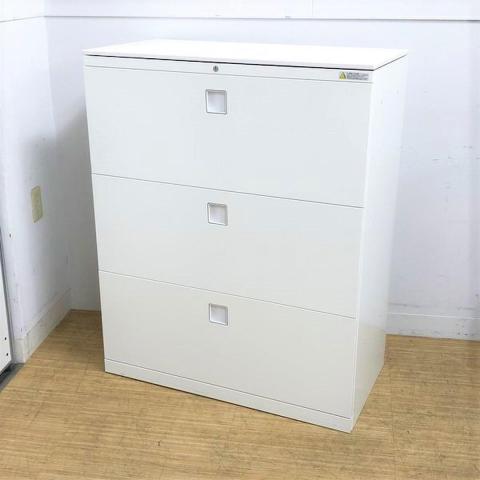 【在庫入替セール】オカムラ レクトライン 3段ラテラル書庫 ホワイト天板 シリンダー錠 鍵付き ※取っ手部分に若干日焼けあり