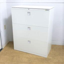 【在庫入替セール】オカムラ　レクトライン　3段ラテラル書庫　ホワイト天板　シリンダー錠　鍵付き　※取っ手部分に若干日焼けあり