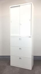 スライド式の扉＋引き出しタイプの便利な書庫セットが入荷！使い勝手抜群のハイキャビネットが入荷！
■オカムラ/レクトライン/ホワイト　2枚引き戸＋3段ラテラルキャビネット