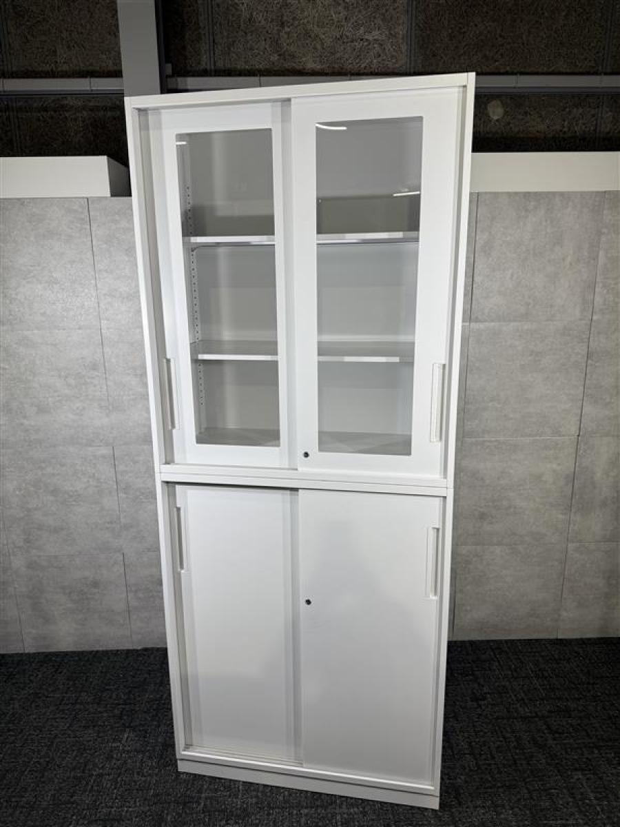 【希少品がロット入荷！】中身を確認できる！人気のガラス書庫入荷！上段：ガラス2枚引戸 ＋ 下段：スチール2枚引戸セット
■内田洋行/HS/ホワイト
                        HSシリーズ
                                    中古
            