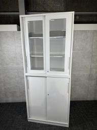 【希少品がロット入荷！】中身を確認できる！人気のガラス書庫入荷！上段：ガラス2枚引戸 ＋ 下段：スチール2枚引戸セット
■内田洋行/HS/ホワイト