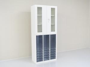 【遠方倉庫在庫品】■Okamura/オカムラ　■レクトラインシリーズ　■ホワイト(white)　■上下書庫セット　■ガラス両開きクリスタルトレーキャビネット　■オススメ/人気/定番商品　■収納　【RA】