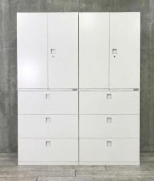上下書庫セット×2セット商品！【オフィスの書類をまとめて整理！取っ手がどの方向からでも開くマルチハンドル！人気の書庫セット！】/オススメ(おすすめ) /人気商品【弊社使用欄：A90100707　/　A90100706】■オカムラ(okamura)製　レクトライン(Rectline)シリーズ　書庫セット(両開き＋3段ラテラル)　H2150㎜　■シリンダー錠　■ホワイト