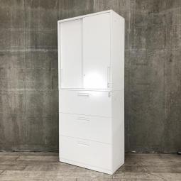 【オフィスの書類をまとめて整理！引き違いと引き出し式の書庫セット！】■コクヨ（KOKUYO）製　エディア（EDIA）　引き違い＋3段ラテラル　上下書庫セット　2枚扉　H2150㎜　■シリンダー錠　■ホワイト