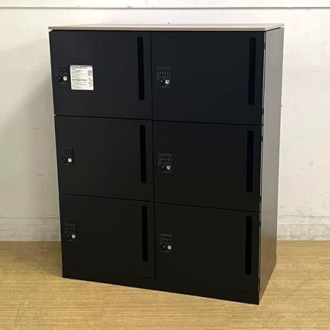 【当店限定入荷】オカムラ　ピクスライン　6人用メールロッカー　ダイヤル錠　縦型ポスト　木目天板（プライズウッドミディアム）　本体ブラック　※暗証番号検索キーは別途費用