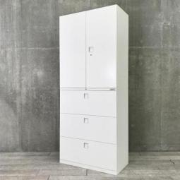 【大容量、人気商品の上下書庫セット！オフィス書類を一気に整理！】■オカムラ（okamura）製　レクトライン　両開き戸+３段ラテラル　書庫セット　ハイキャビネット　■ホワイト　■シリンダー錠　オフィスバスターズ　水戸サテライト　日立市、常陸太田市、高萩市、北茨城市、常陸大宮市、大子町、ひたちなか市