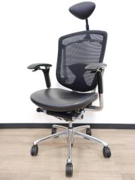 【1脚入荷！】■オカムラ（okamura）製　コンテッサハイバック座面革張り仕様　肘付き　■可動肘　背面メッシュ　■ランバー付き　■小型ヘッドレスト付き　■ブラック【2501】弊社使用欄【A00994872　A01004800】