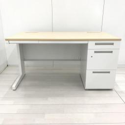 【オシャレな木目カラー！収納スペース充実で使いやすい！】■イナバ(Inaba)製　デュエナシリーズ　片袖机　W1400×D700㎜　■天板：木目ナチュラル/ホワイト　シリンダー鍵