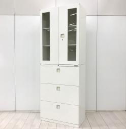【収納物が確認できる！人気のガラス書庫入荷！】■オカムラ製　ガラス両開き＋3段ラテラル書庫セット　W800×D400×H2150mm　ホワイト　■省スペースに大量収納！【Okamura　Rectline】