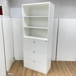 【両開き+3段ラテラルの書庫セット！大人気オカムラ製のレクトラインが入荷！】■オカムラ(okamura)製　レクトライン　オープン+3段ラテラル　ハイキャビネット　■ホワイト 　 ■シリンダー錠　※扉外し商品のため外し跡がございます。