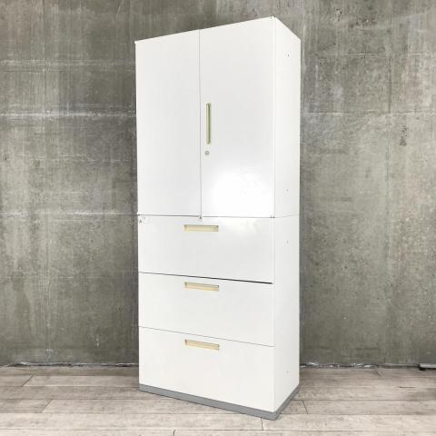 【在庫入替セール（本在庫限定価格）】【使いやすさを追求したデザイン！大きめ取っ手で開閉らくらく！観音開き＋3段引き出しの書庫セット！】■イナバ（INABA）製　TFシリーズ（ティーエフ）　両開き＋3段ラテラル　ハイキャビネット　■シリンダー錠　■ホワイト※取手日焼け有【T2】【T3】