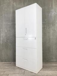 【収納の定番！エディアシリーズ！収納量抜群！観音開き＋引き出しタイプのキャビネットセット！】■コクヨ(KOKUYO)製　 エディアシリーズ　ハイキャビネット　両開き＋3段ラテラル　■ホワイト　■シリンダー鍵　【起業のご準備に！】