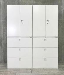 上下書庫セット×2セット商品！【オフィスの書類をまとめて整理！取っ手がどの方向からでも開くマルチハンドル！人気の書庫セット！】/オススメ(おすすめ) /人気商品【弊社使用欄：/】■オカムラ(okamura)製　レクトライン(Rectline)シリーズ　書庫セット(両開き＋3段ラテラル)　H2150㎜　■シリンダー錠　■ホワイト