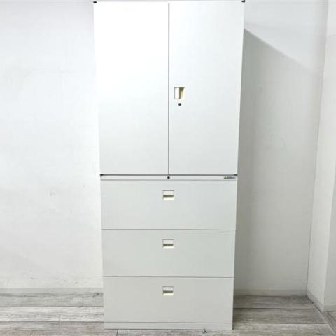 【省スペースに大量収納できます！】■オカムラ製　上下書庫セット（両開き＋3段ラテラル）　W900/D450/H2150mm　ホワイト　■縦空間を有効活用！オフィス書類をスッキリ整理！