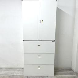 【省スペースに大量収納できます！】■オカムラ製　上下書庫セット（両開き＋3段ラテラル）　W900/D450/H2150mm　ホワイト　■縦空間を有効活用！オフィス書類をスッキリ整理！