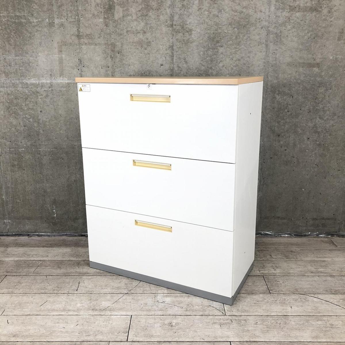 【定価約14万円】【オフィスの必需品！！大容量のローキャビネット！】■イナバ（Inaba）　3段ラテラル　ローキャビネット　W900×D450（天板付き：D460）㎜　■シリンダー錠　■ホワイト　■ナチュラル木目調 天板付き　※取手日焼け有
                        TF
                                    中古
            