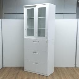 ★【レア】【2台限定】コクヨ製　 エディア　ホワイト　シリンダー　大容量収納の定番！　エディアシリーズのキャビネットセット！　ハイキャビネット　ガラス引き違い＋3段ラテラル　上下書庫セット！！