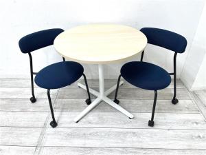 【セット商品】【休憩室やミーティングにお勧めなテーブルとチェアのセット！】■内田洋行　ニュートシリーズ　■丸テーブル　■ナチュラル天板　ホワイト脚　■内田洋行　Puller(プラー)シリーズ　■ミーティングチェア　■ブルー　■キャスター付　※セット商品のため配送料要相談※