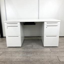 【両袖タイプで収納たっぷり！幅1400㎜でワークスペースもしっかり確保できます！】■オカムラ(okamura)製　アドバンス(ADVANCE)シリーズ　両袖机　中央引き出し無し　W1400×D700㎜　■ホワイト　■シリンダー錠