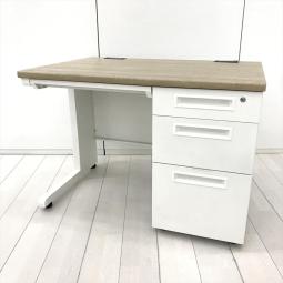 【578638】【収納も充実！省スペースにおすすめの横幅1000㎜のワークデスク！】■イノウエ（井上金庫）製　片袖机　■W1000×D700×H700ｍｍ　■シリンダー錠　■天板：木目ナチュラル×ホワイト　オフィスバスターズ　水戸サテライト　水戸市、日立市、ひたちなか市、鹿嶋市、神栖市、牛久市、古河市、結城市、東海村、つくば市