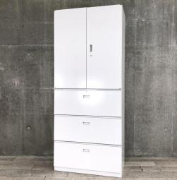 【省スペースに大容量収納！オフィス書類をまとめて整理！】■イトーキ製　上下書庫セット（両開き＋3段ラテラル） ホワイト　【THIN LINE CABINET】