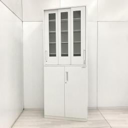 【希少品入荷！】【隠す＆見せる、のメリハリ収納！ガラス引き違い＋両開きの書庫セット入荷！】■コクヨ(KOKUYO)製　エディア(EDIA)シリーズ　引き違い＋両開き　書庫セット　H2300㎜　■3枚ガラス扉　■シリンダー錠　■ホワイト