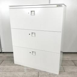 【オフィスの必需品！大容量の三段キャビネット！】■オカムラ（okamura）製　レクトライン（Rectline）シリーズ　3段ラテラル　ローキャビネット　W900×D450mm　■天板付き　■シリンダー鍵　■ホワイト