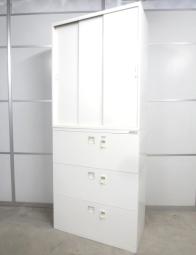 【縦空間を有効活用！省スペースに大量収納できます！】 ■オカムラ製　上下書庫セット【上：3枚引戸(シリンダー錠) + 下：3段ラテラルキャビネット(ダイヤル錠・各段施錠式)】【Okamura　Rectline】★