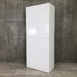 【オフィス整理の定番品！両開き書庫と3段ラテラル書庫のセット！】■コクヨ（KOKUYO）製　エディア（EDIA）シリーズ　両開き＋3段ラテラル　書庫セット　ハイキャビネット　H2150㎜　■シリンダー錠　■ホワイト