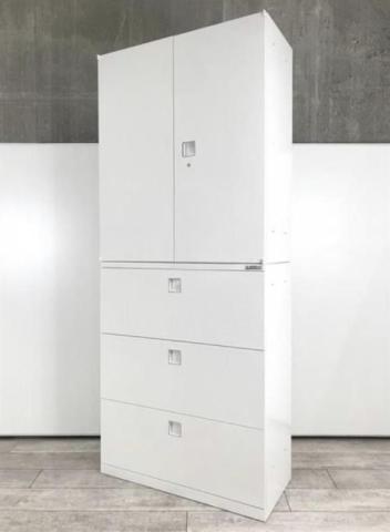 【580692】【オフィスの書類をスッキリ整理！大人気レクトラインの上下書庫セット！】■オカムラ（okamura）製　レクトラインシリーズ　両開き＋３段ラテラル　書庫セット　H2170㎜　■シリンダー錠　■ホワイト　オフィスバスターズ　水戸サテライト　大子町　北茨城市　高萩市　日立市　常陸太田市　常陸大宮市　那珂市　東海村　ひたちなか市　城里町 水戸市　笠間市　茨城町　大洗町　小美玉市