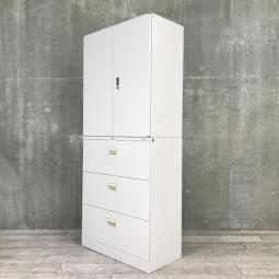 【書庫の定番！一番人気の両開き＋3段ラテラルの書庫セットタイプ！】■オカムラ(okamura)製　42収納システムシリーズ　両開き＋3段ラテラル　書庫セット　ハイキャビネット　■グレー　■シリンダー錠　※日焼け有