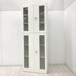 【視認性に優れるガラス扉の書庫セット！】■オカムラ　レクトライン　■上下段　ガラス両開き書庫　■ホワイト　シリンダー錠　【関東倉庫在庫品】【弊社使用欄：A01050873 A01050874】