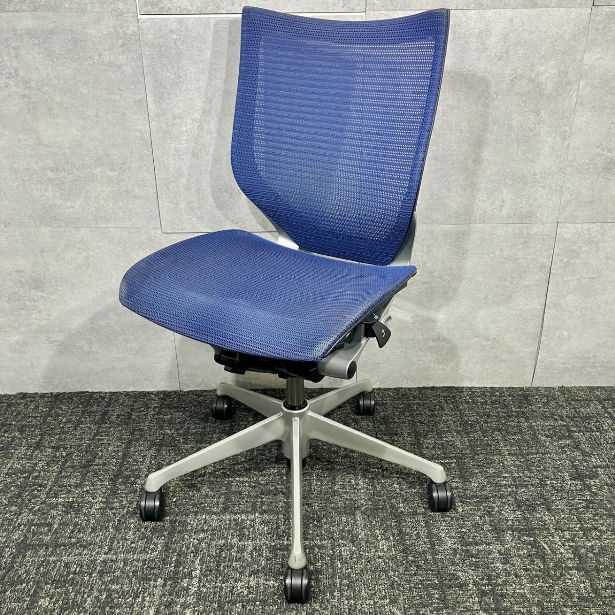 【オカムラ製定番チェア！】■オカムラ　バロンチェア　肘無　ミディアムブルー　ローバック　シルバーフレーム　■良い椅子は腰を守る投資です！【Okamura　Baron】
                        バロンメッシュチェア
                                    中古
            