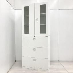 【見せる収納と隠す収納を、これ一台で！】■オカムラ（okamura）製　レクトライン（Rectline）シリーズ　ガラス両開き＋3段ラテラル書庫セット　W900×D450×H2150mm　■ホワイト