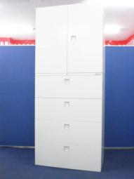 【省スペースに大容量！オフィス書類をスッキリ整理！】■オカムラ　レクトラインシリーズ　上下書庫セット（両開き＋4段ラテラル）　W800×D450×H2150（H900+H1250）mm