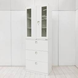 【1セット限定在庫！】【見せる収納と隠す収納を、これ一台で！】■オカムラ（okamura）製　レクトライン（Rectline）シリーズ　両開き(ガラス扉)＋3段ラテラル書庫セット　W800×D400×H2150mm　■　シリンダー錠　■ホワイト　【弊社使用欄：A01056931/A01056932】