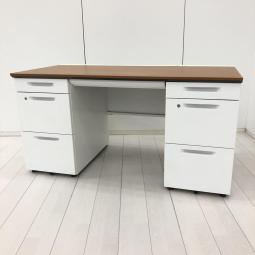 【幅広いワークスペースで上長席にもオススメ！】■コクヨ(KOKUYO)製　アイエス(iS)シリーズ　両袖デスク　W1400㎜　■シリンダー錠　■天板：木目ナチュラル/ホワイト 【収納スペース充実！机上をスッキリ整理！】【弊社使用欄：A01046416】