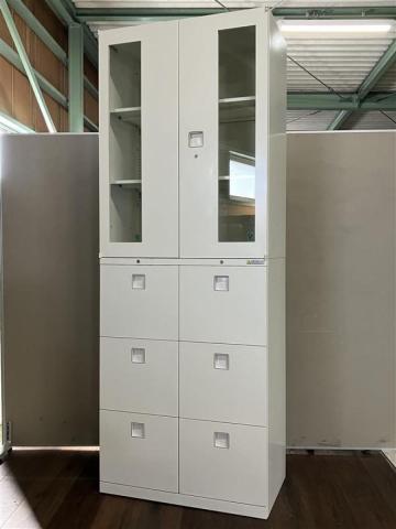 オカムラ　レクトライン　ガラス両開き＋ダブルバーチカルキャビネットの珍しい仕様　W800のスリム型　鍵付き　シリンダー錠　ホワイト【愛知・名古屋・豊田・静岡・浜松】