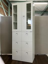 オカムラ　レクトライン　ガラス両開き＋ダブルバーチカルキャビネットの珍しい仕様　W800のスリム型　鍵付き　シリンダー錠　ホワイト【愛知・名古屋・豊田・静岡・浜松】