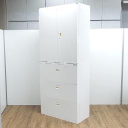 【A4が6段分収納可能！搬入時は上下別の2個口での納品となるためエレベーター搬入も安心！】■オカムラ製　SA　両開き＋3段ラテラル書庫　書庫セット　■シリンダー錠　■色：ホワイト　オフィスバスターズ　神戸店