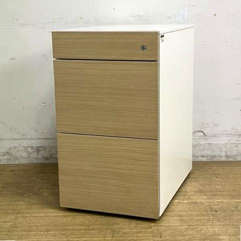 イトーキ　インステート　3段ワゴン　ナチュラル×ホワイト　シリンダー錠　鍵付き　前面フラットでスタイリッシュなつくり